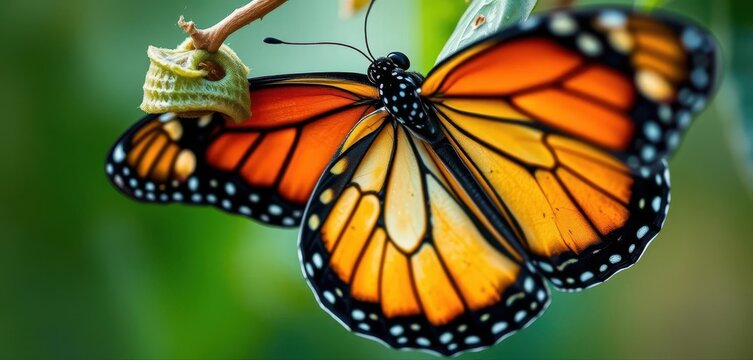 Close-up of a monarch butterfly emerging from its chrysalis, summer, wings