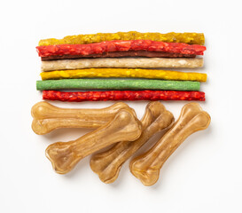 Rawhide bones, collagen dog chew food, pressed dry kibble, natural long-lasting canine treats