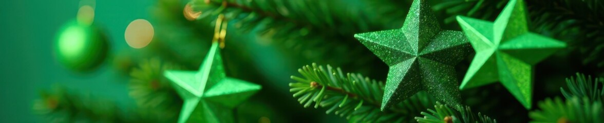 Close-up of several green star shaped Christmas tree decorations ,  seasonal, christmas ornaments