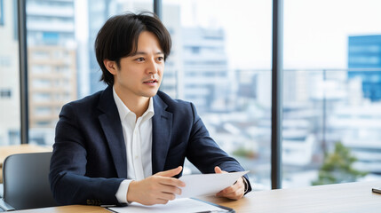 Businessman discussing business strategy in modern office with city view