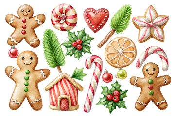 Watercolor Christmas Gingerbread and Candy Cane Clipart Set