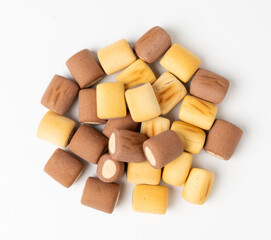 Filled dog biscuits, crackers isolated, soft crunchy pet treats pile, flavored small canine cookie