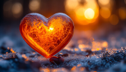 Fototapeta premium Sunset glows on heart ice. A heart-shaped ice sculpture glows warmly at sunset, set against frosty ground and sparkling snow.