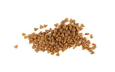 Mini pet food shaped like hearts isolated, small dogs crunchy treats pile, flavored brown dry kibble