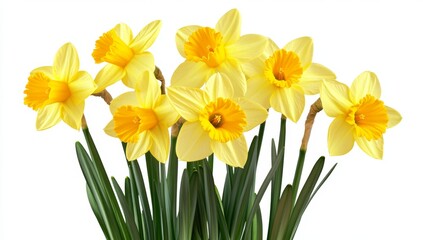 A cluster of vibrant yellow daffodils.  Close-up view of blossoms against a white background, showcasing the delicate petals and vibrant colors.  Healthy, fresh flowers, perfect for spring