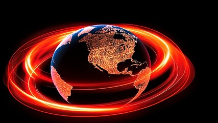 A glowing Earth surrounded by dynamic red light trails, symbolizing energy and global connectivity - Powered by Adobe