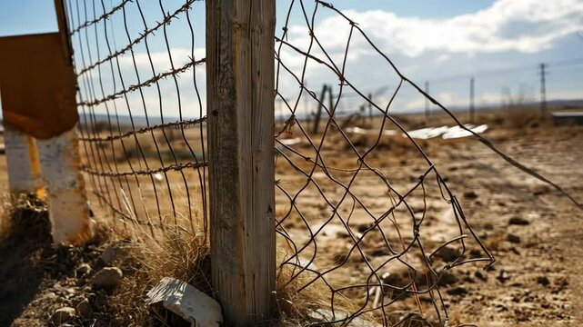 Rustic desert scene with broken wire fence and old post evokes desolation