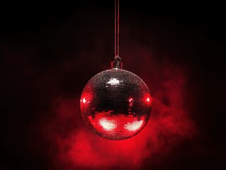 Red spotlight on hanging disco ball