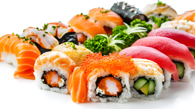 A plate of sushi with a variety of different types of sushi rolls. The sushi is arranged in a way that makes it look like a colorful and appetizing display