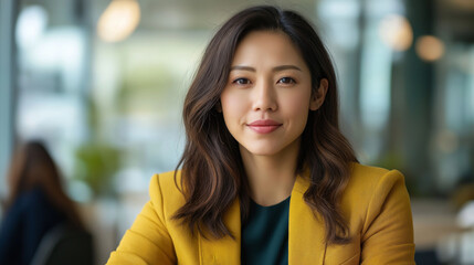 Confident young asian businesswoman smiling in modern office environment