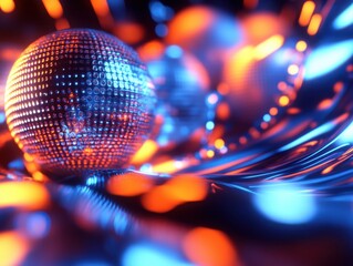 Closeup of glowing disco balls with neon lights