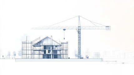 Architectural blueprint of house under construction with crane