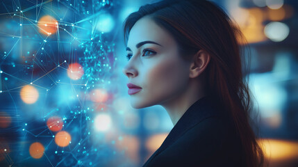 Businesswoman analyzing global network connections in futuristic cityscape