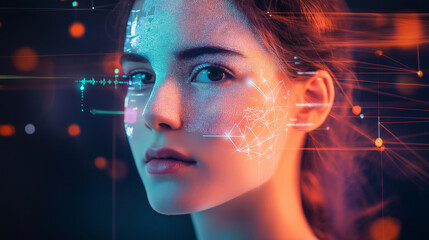 Woman undergoing facial recognition scanning process with futuristic interface