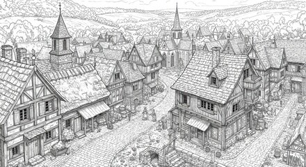 Line Art of a Medieval European Village with Cobblestone Streets