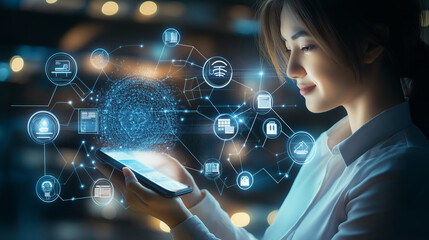 Businesswoman using smartphone and accessing global network and business icons in futuristic interface