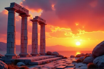 Fototapeta premium Ancient marble pillars, elliptical formation, fiery orange sunset sky, weathered, red