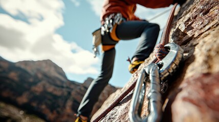 A climber using a carabiner and ropes to secure their position on a cliff