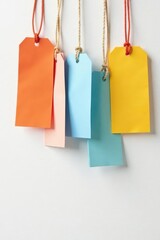 Assorted colorful paper tags on white background, paper, online store, craft supplies