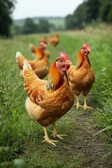 Fototapeta premium A group of vibrant, free-range chickens roaming in a lush green field under a cloudy sky