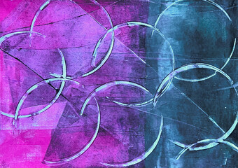 Texture in pink and turquoise green with circular structures, printed using the Gelli Print process.