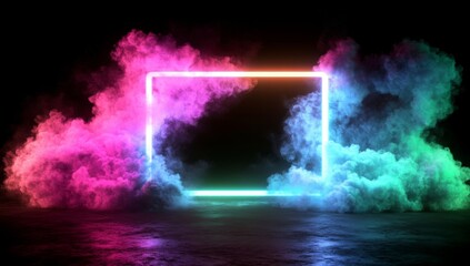 Neon rectangle framed by colorful smoke