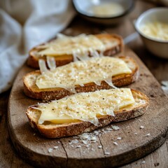 Toasted bread topped with melted cheese and seasonings