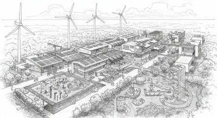 Naklejka premium Conceptual Monochrome Sketch of a Self-Sustaining Eco-Village with Solar Panels and Wind Turbines