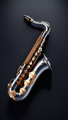 Obraz premium Sleek silver & gold saxophone on a dark backdrop, shining brilliantly. Perfect for music lovers and jazz enthusiasts! #saxophone #music