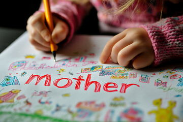 little girl drawing lettering mother