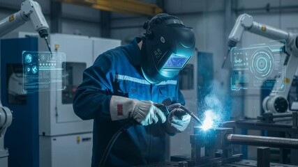 Man welder using augmented reality interface in modern factory. Industrial worker with protective mask and blue uniform welding metal with robotic arms in smart manufacturing facility. - Powered by Adobe