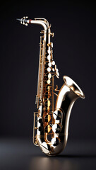 Obraz premium Gold elegance embodies this saxophone. Its brass curves reflect light, poised to deliver a captivating musical performance.