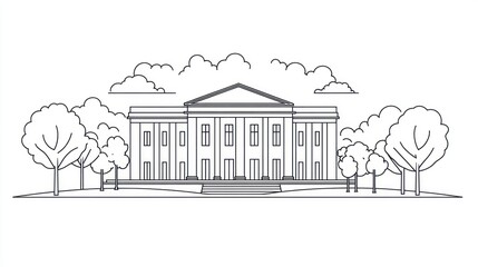 Outline drawing of a government building with trees and clouds.  Possible use for educational or design materials