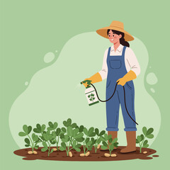 Woman Spraying Plants with Sprayer in Garden with Green Background