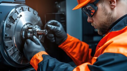 A worker in safety gear meticulously adjusts machinery components in a workshop, This image can be used for topics related to manufacturing, engineering, safety protocols, and industrial training,