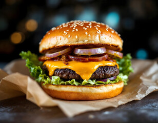 Delicious Cheeseburger with Sesame Seed Bun, Lettuce, Onion and Cheese