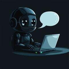 Adorable Robot Using Laptop with Speech Bubble for Communication