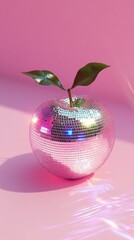 Disco apple with green leaves on pink