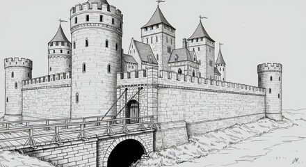 Detailed Line Art of a Medieval Castle with Tall Watchtowers, Drawbridge, and Fortifications