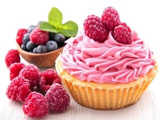 A delicious raspberry cupcake with pink frosting sits beside a bowl of fresh raspberries and blueberries on a white background.