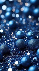 Fototapeta premium Close-up of shimmering blue ornaments and glitter on a sparkling surface, creating a festive atmosphere