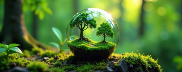 Miniature lush forest thrives inside a glass orb ,  tropical,  artwork
