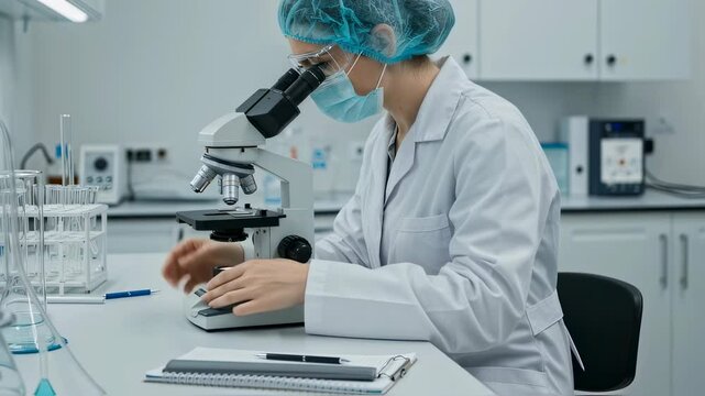 Woman scientist examining samples with microscope in modern laboratory. Caucasian female researcher in protective cap and mask conducting scientific research for medical analysis