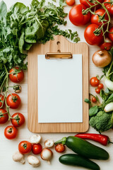 On a rustic wooden table, a clipboard lays alongside vibrant fresh vegetables, showcasing organic certification documents that promote healthy living and sustainable farming practices