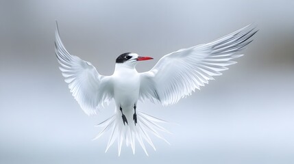 Obraz premium A majestic Arctic tern with wings outstretched soars gracefully through the air in a breathtaking flight showcasing its elegant plumage.