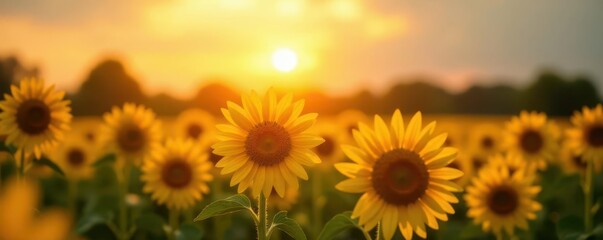 Obraz premium Golden hour sun rays illuminate vibrant sunflowers in a summer field , tranquil, beauty, rural