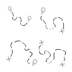 Set of squiggle line dashed routes on white background with location icon