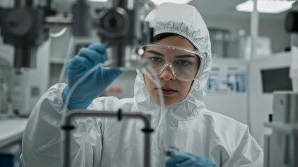 Female scientist in cleanroom suit conducting laboratory experiment with liquid samples. Pharmaceutical research and development. Modern medical technology for vaccine development and testing.