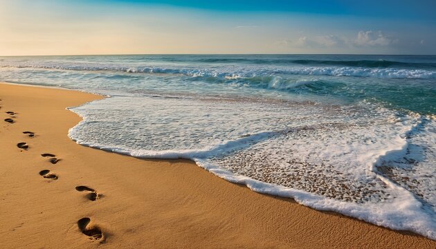 A beach scene with gentle waves and footprints in the sand.