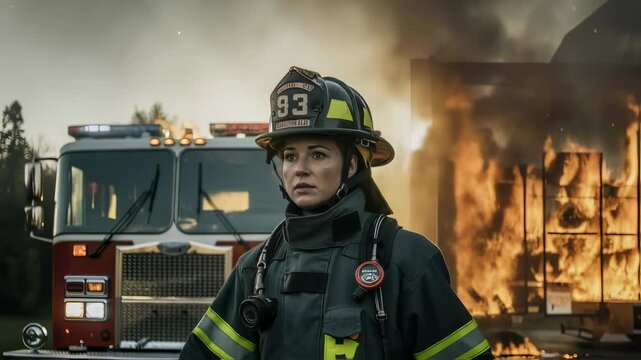 Female firefighter in protective gear at burning building site. Caucasian woman first responder with helmet number 93 during active emergency. Dramatic fire scene with truck.